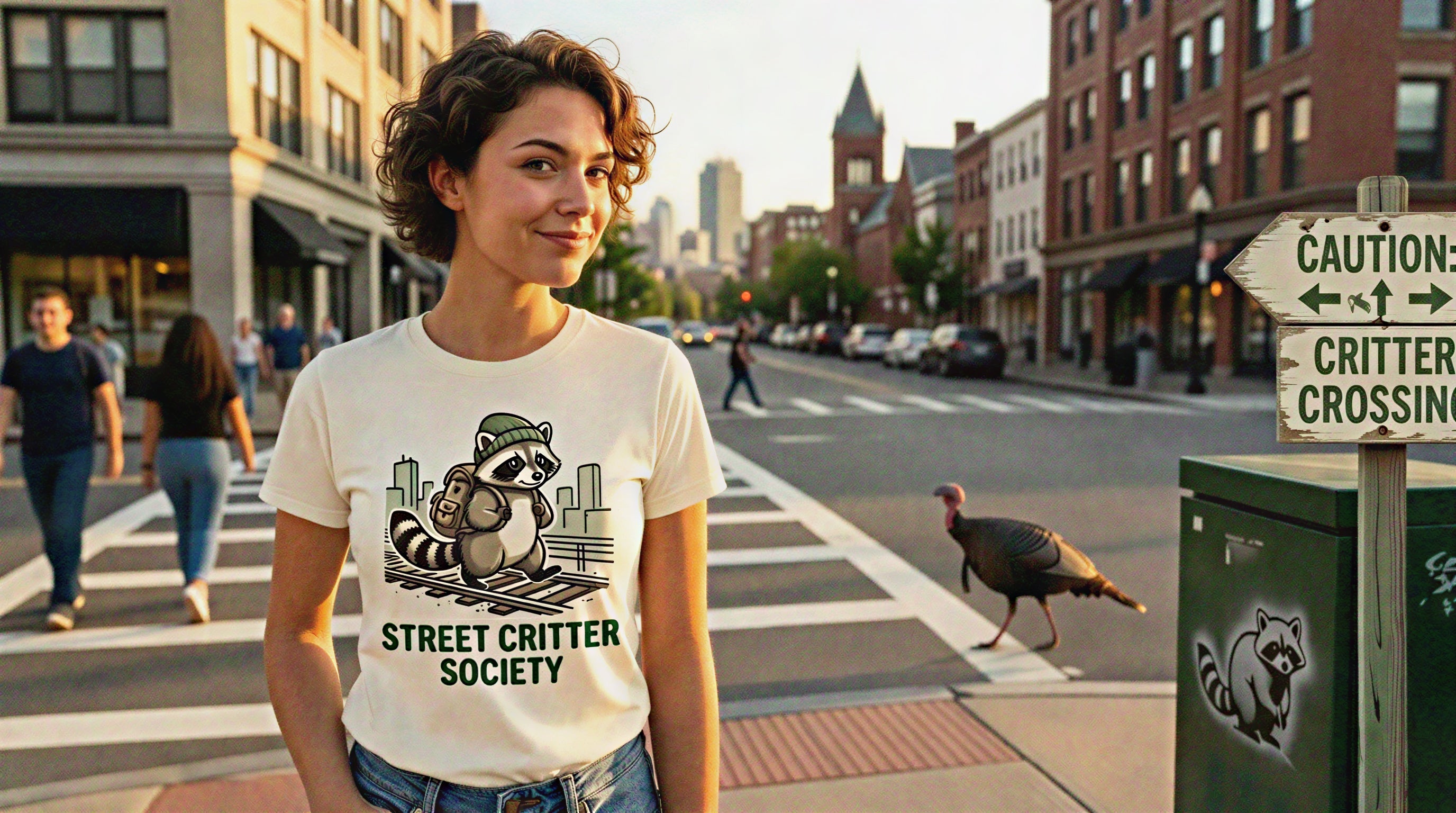 Person wearing a 'Street Critter Society' t-shirt on a city street with a turkey crossing the road.